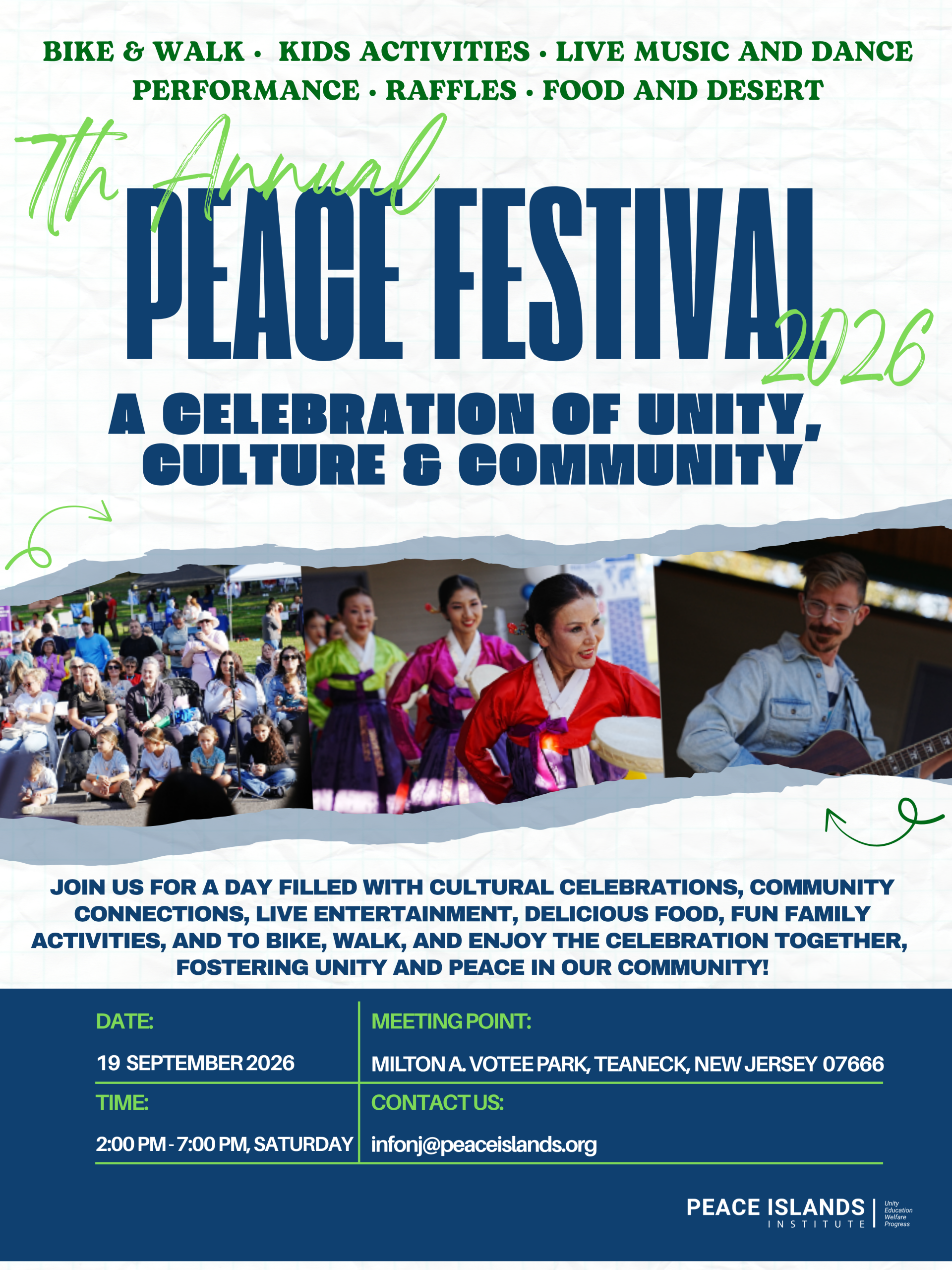 Peace Festival 2026 flyer announcing multicultural performances, family activities, bike and walk, raffles, food and dessert on September 19 from 2 to 7 PM at Milton A. Votee Park in Teaneck, New Jersey.
