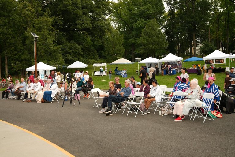 Visitors watch performances with partner tents in the background