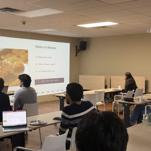 Students at the Becoming a Peace Agent training with the slide Baklava is dialogue